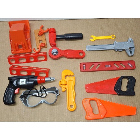 14 Lot Assorted Kids Tools Play Toys Pretend Hack Saw Drill Level Ruler Hammer - Picture 2 of 2